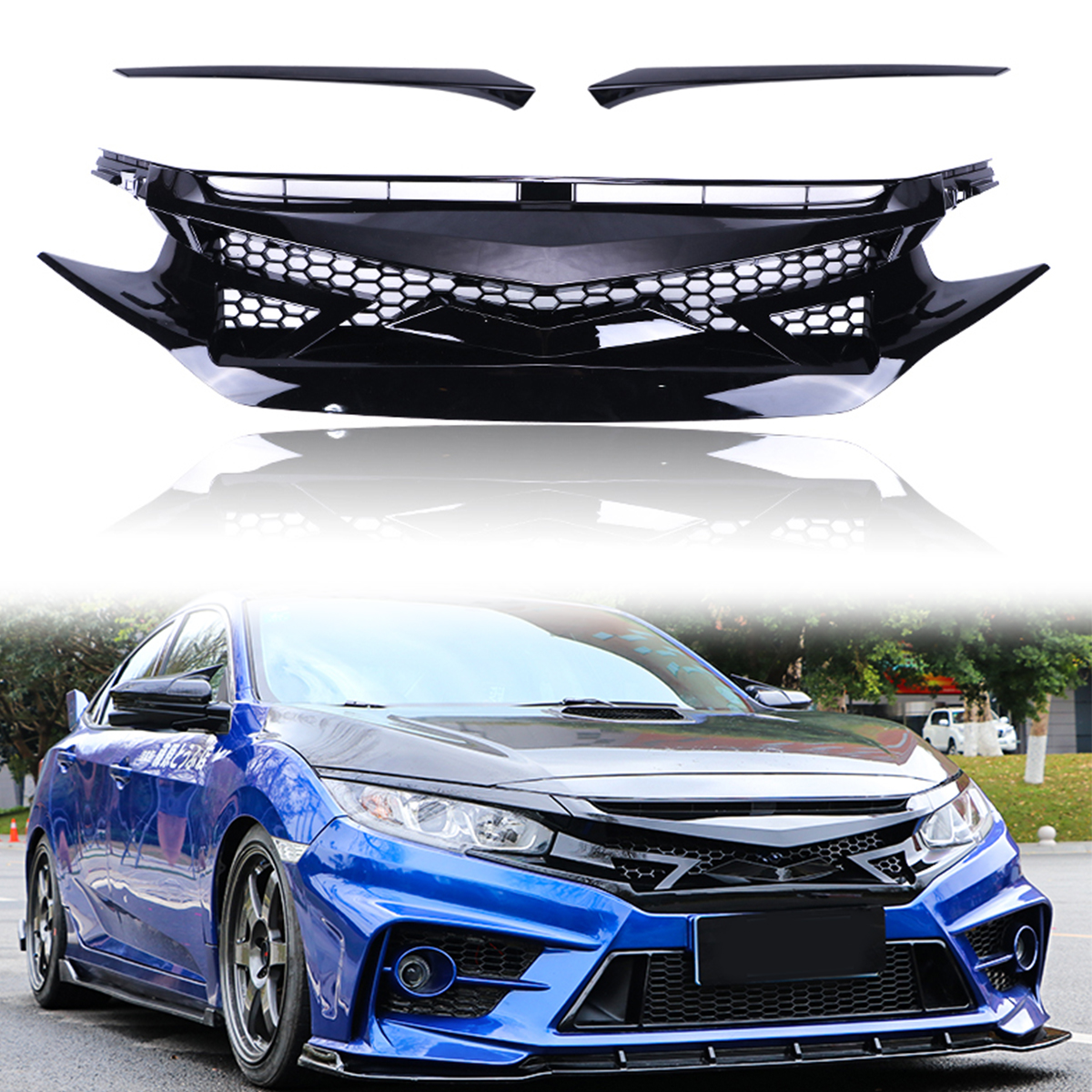 Battle-Style-Out-Front-Hood-Grille-For-16-19-Civic-10TH-GEN-GLOSS-BLK-JDM-1530822