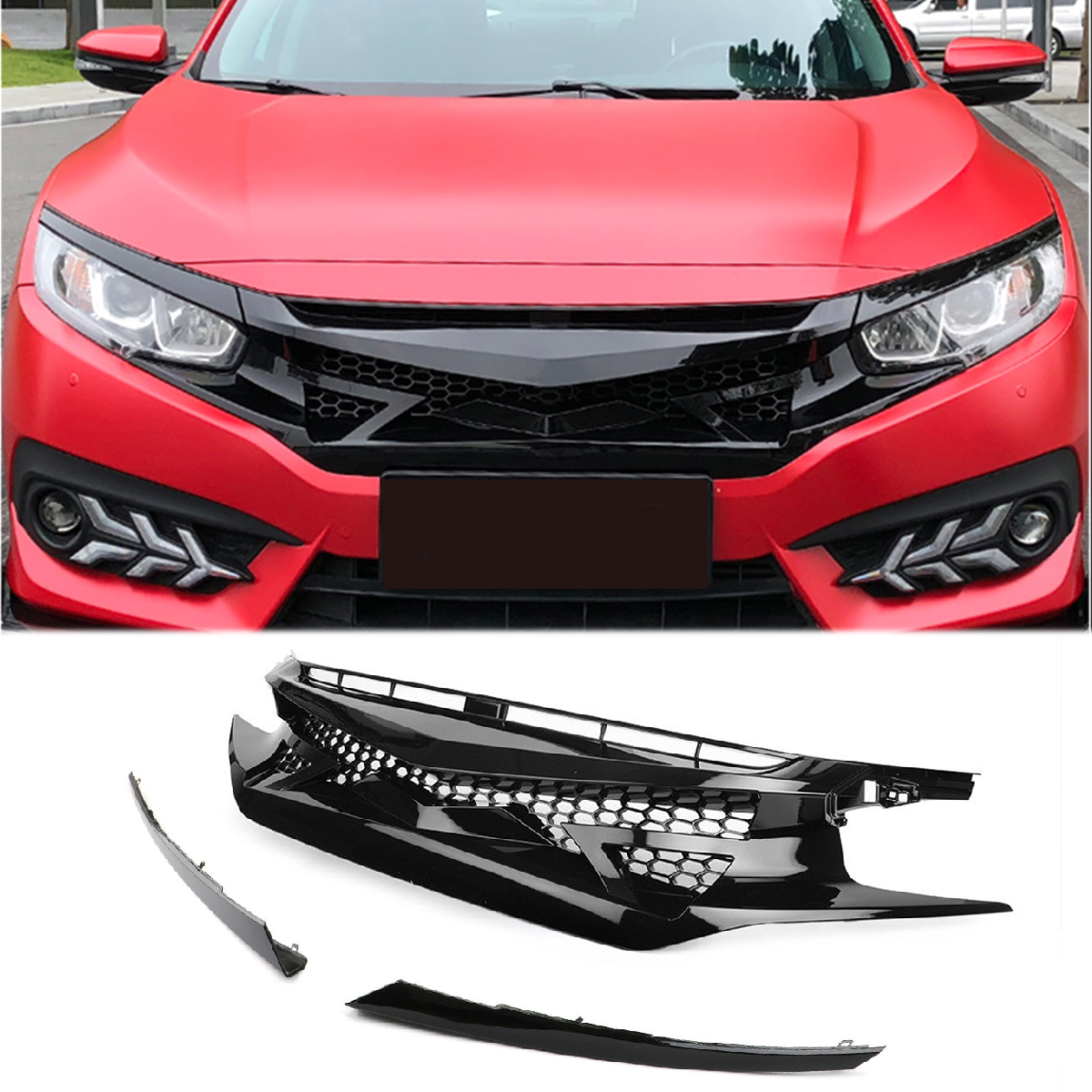 Battle-Style-Out-Front-Hood-Grille-For-16-19-Civic-10TH-GEN-GLOSS-BLK-JDM-1530822