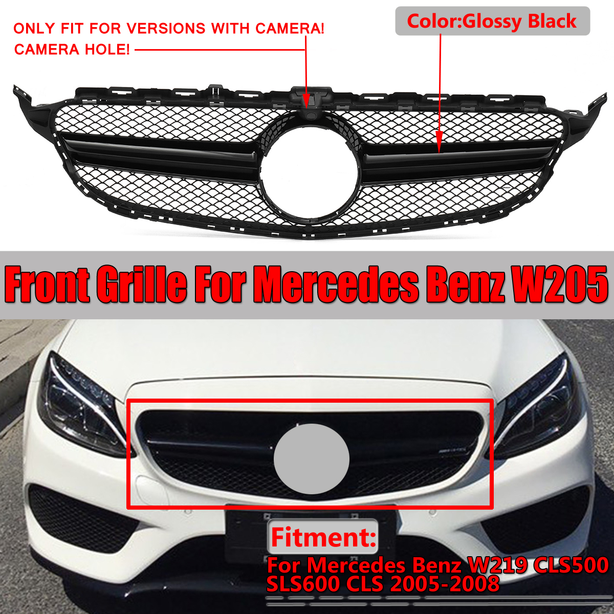 Black-AMG-C63-Style-Grill-Grille-For-Mercedes-Benz-W205-C250-C350-15-18-With-Camera-1535368