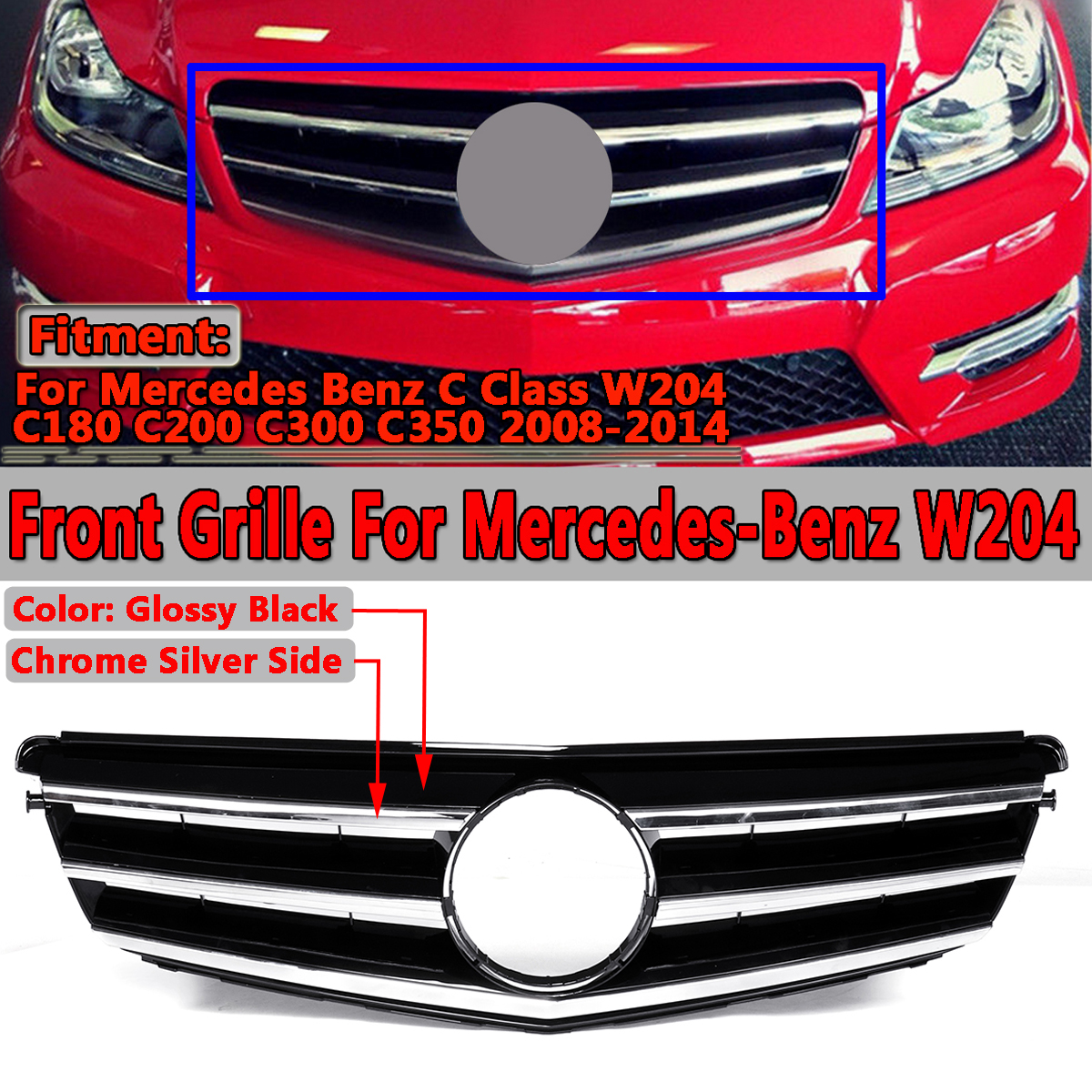 Black-Car-Front-Upper-Grille-Grill-For-Mercedes-Benz-C-Class-W204-C180-C200-C300-C350-2008-2014-1569044