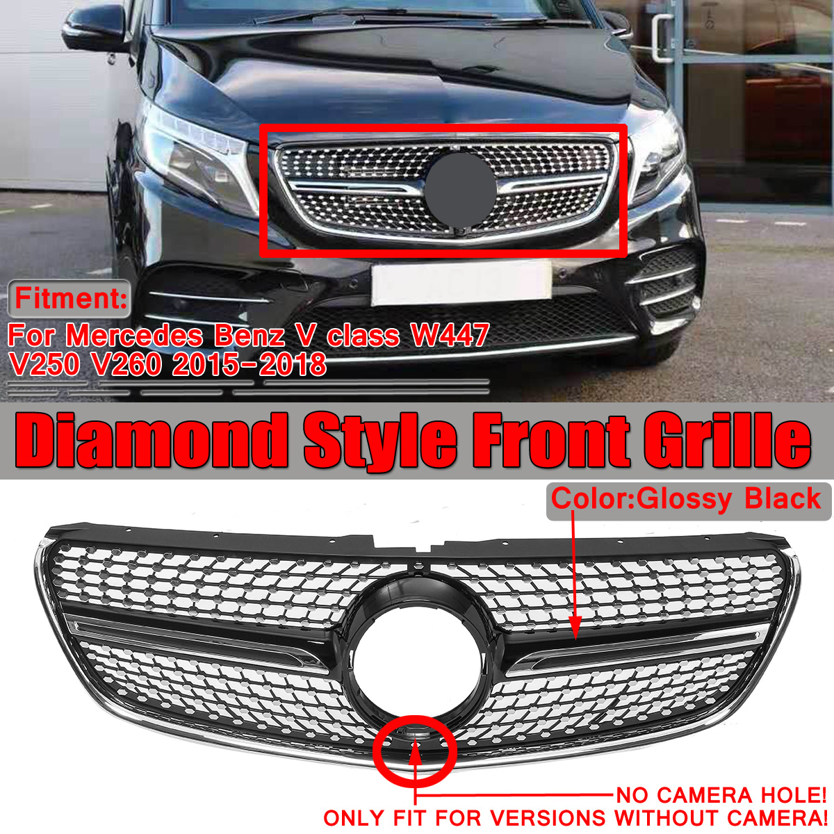 Black-Diamond-Front-Grille-for-Mercedes-W447-V-Class-V200-220-250-260-15-18-Without-CAMERA-1509209