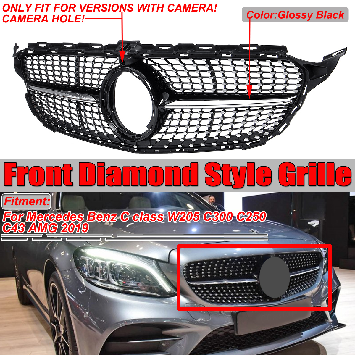 Black-Front-Diamond-Grill-Grille-With-camera-For-Mercedes-Benz-W205-C250-C300-C400-C43-AMG-2019-1599605