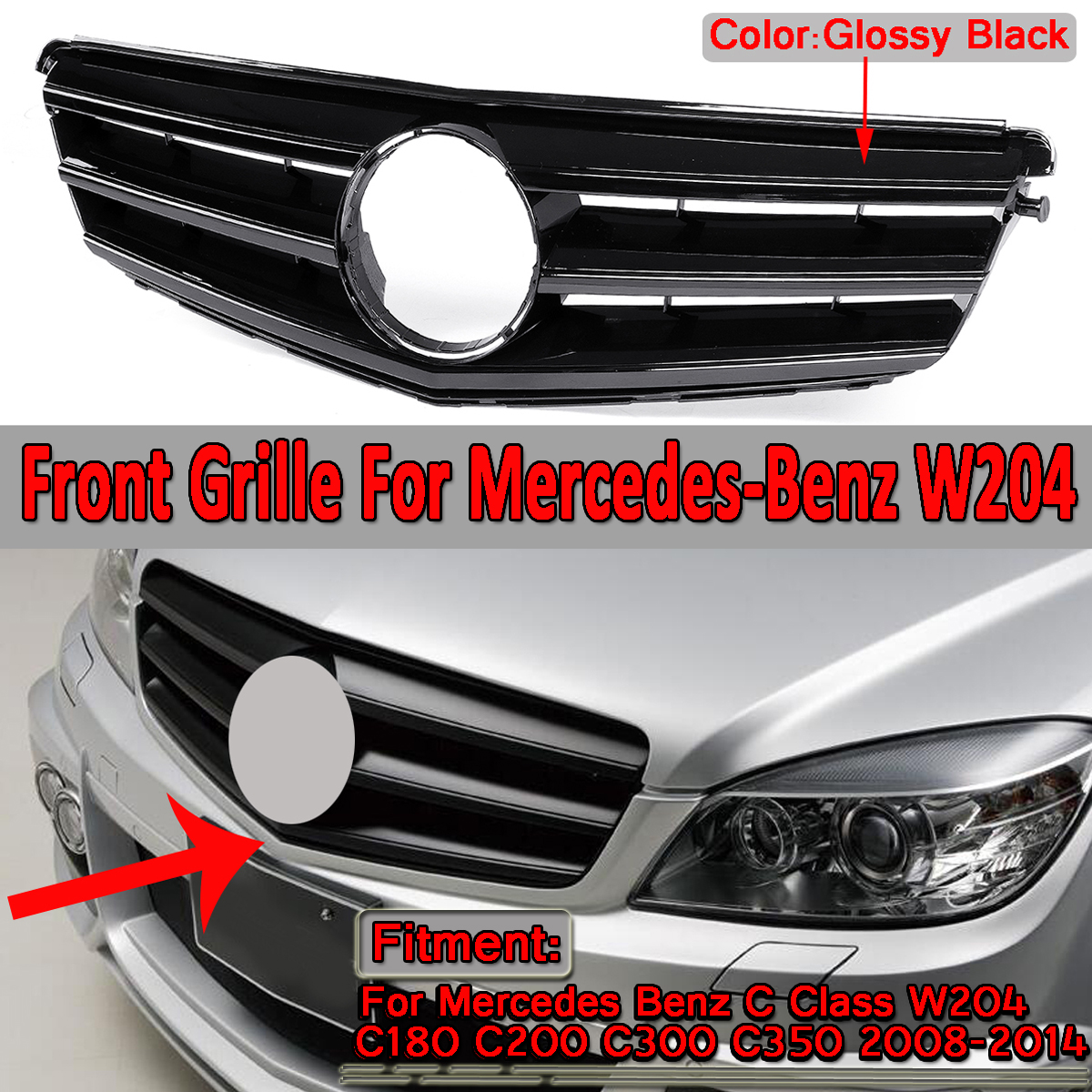 Car-Glossy-Black-Front-Upper-Grille-Grill-For-Mercedes-C-Class-W204-C180-C200-C300-C350-2008-2014-1569893