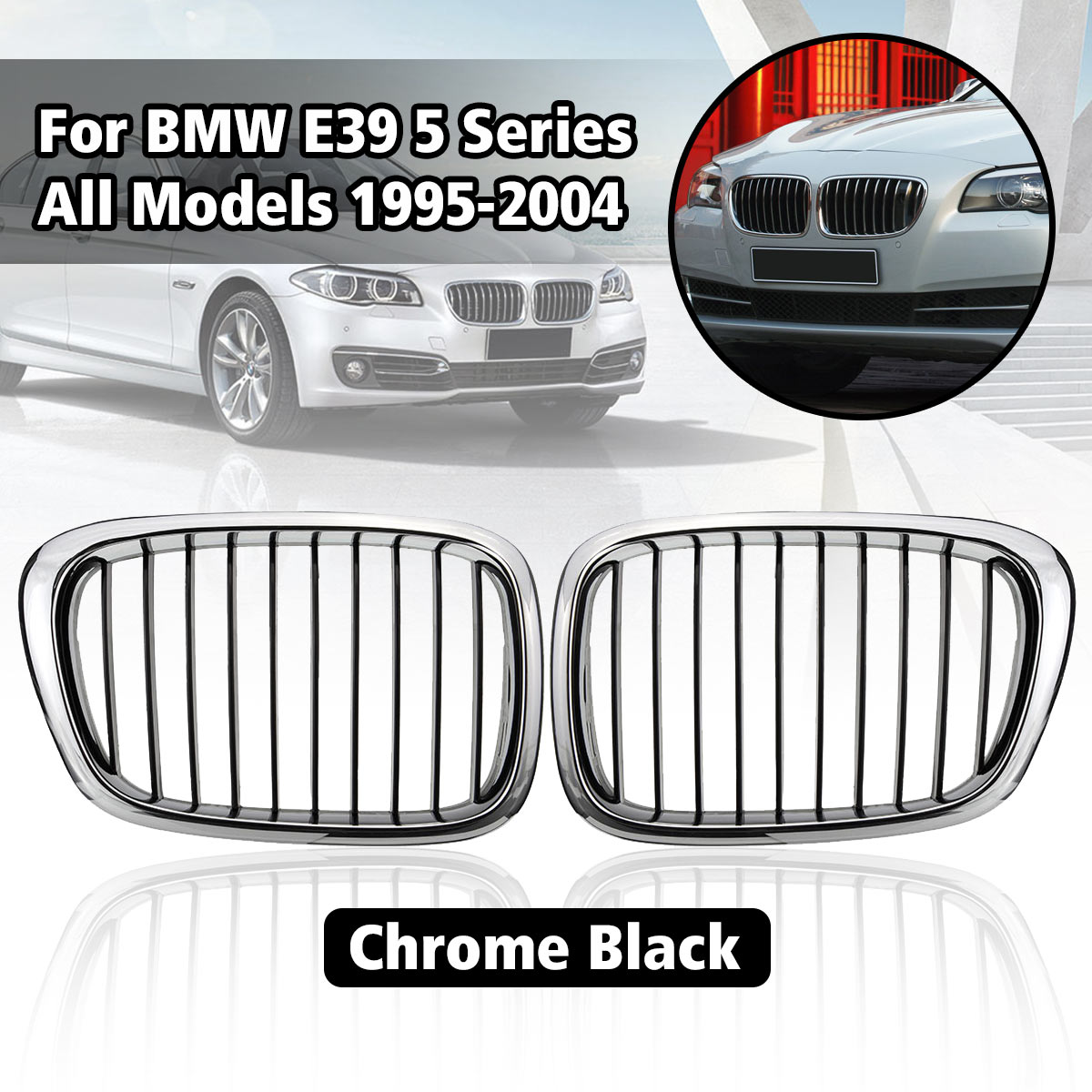 Chrome-Black-Front-Grille-Grill-For-BMW-E39-5-Series-525-530-535-540-M5-1995-2004-1428108