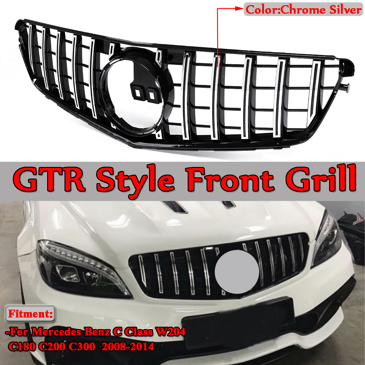 Chrome-Silver-GT-R-AMG-Style-Front-Grill-Grille-For-08-14-Mercedes-Benz-C-Class-W204-C200-C300-1509210