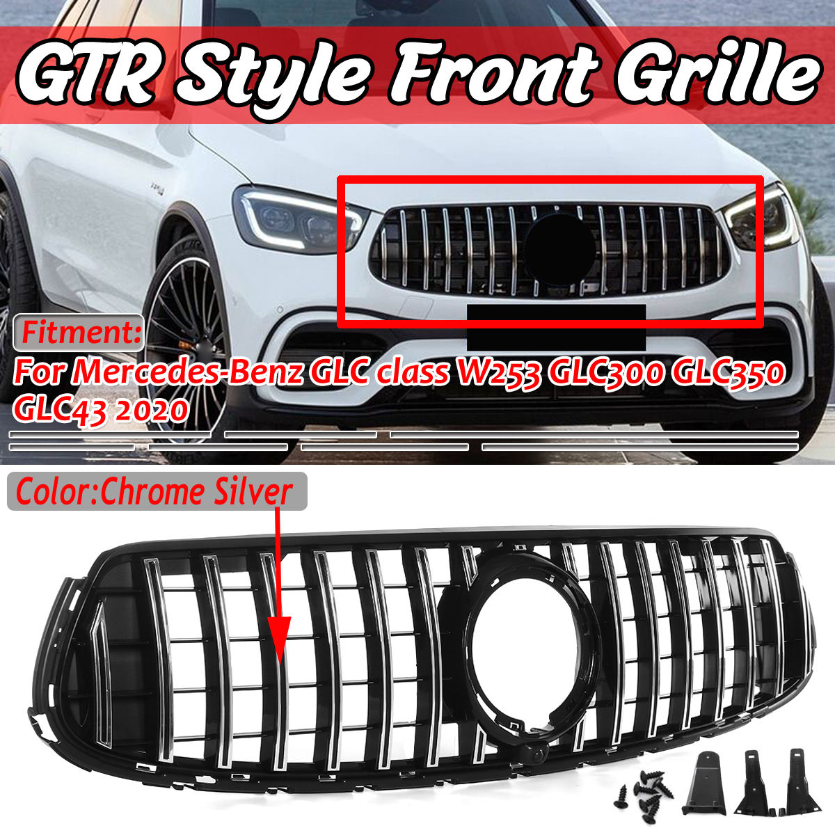 Chrome-Silver-GTR-Style-Front-Upper-Grille-For-Mercedes-GLC-Class-W253-GLC300-GLC350-GLC43-2020-1654190