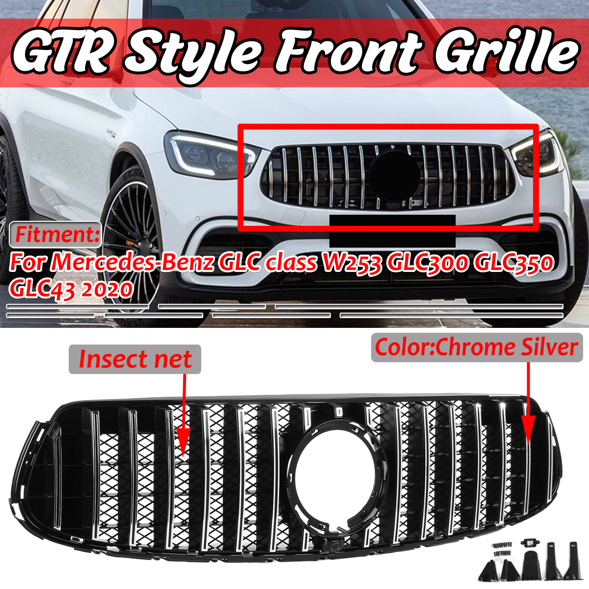 Chrome-Silver-GTR-Style-Front-Upper-Grille-For-Mercedes-GLC-Class-W253-GLC300-GLC350-GLC43-2020-1654200