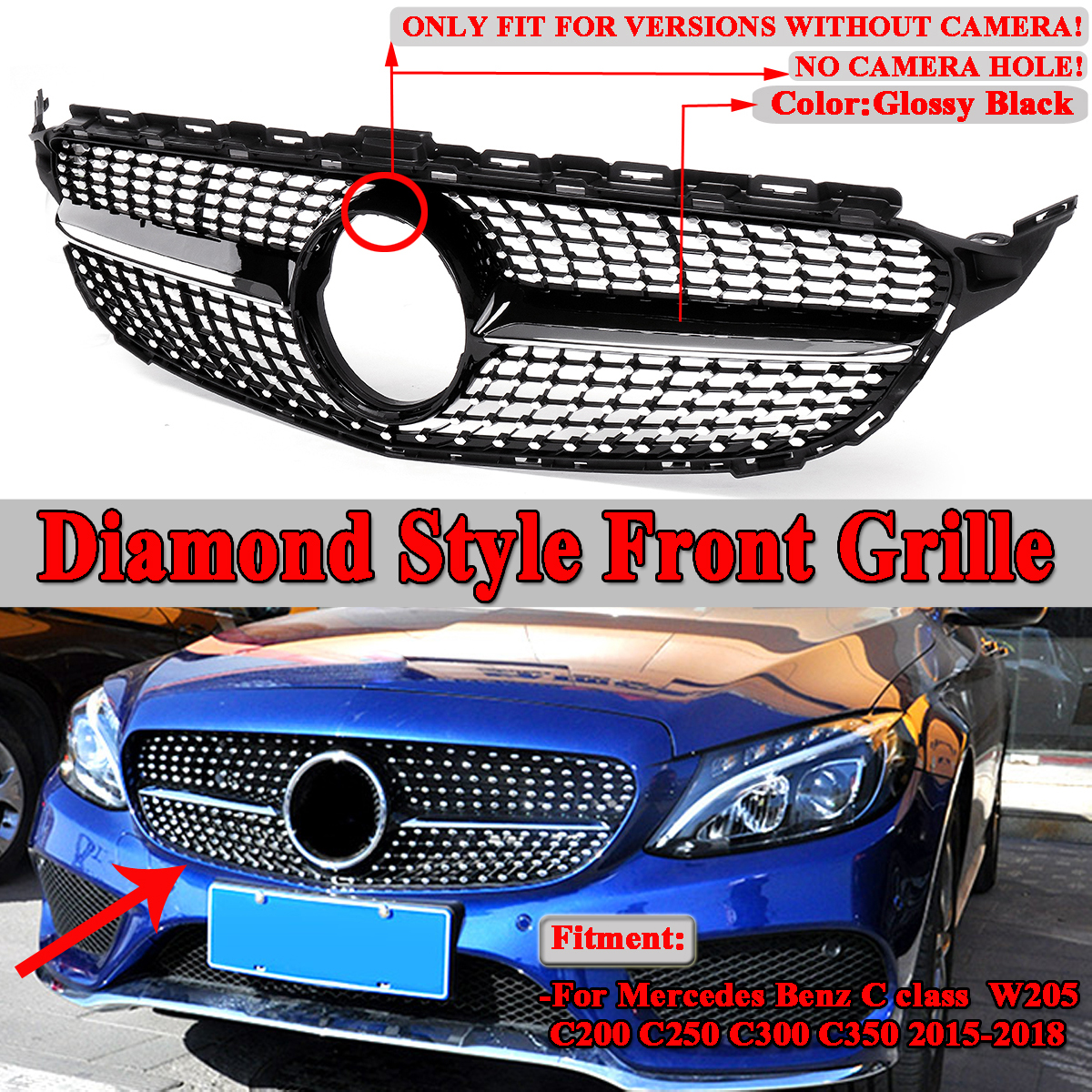 Diamond-Black-Front-Grille-Grill-For-Mercedes-Benz-W205-C-Class-C200-C250-C300-15-18-1544913