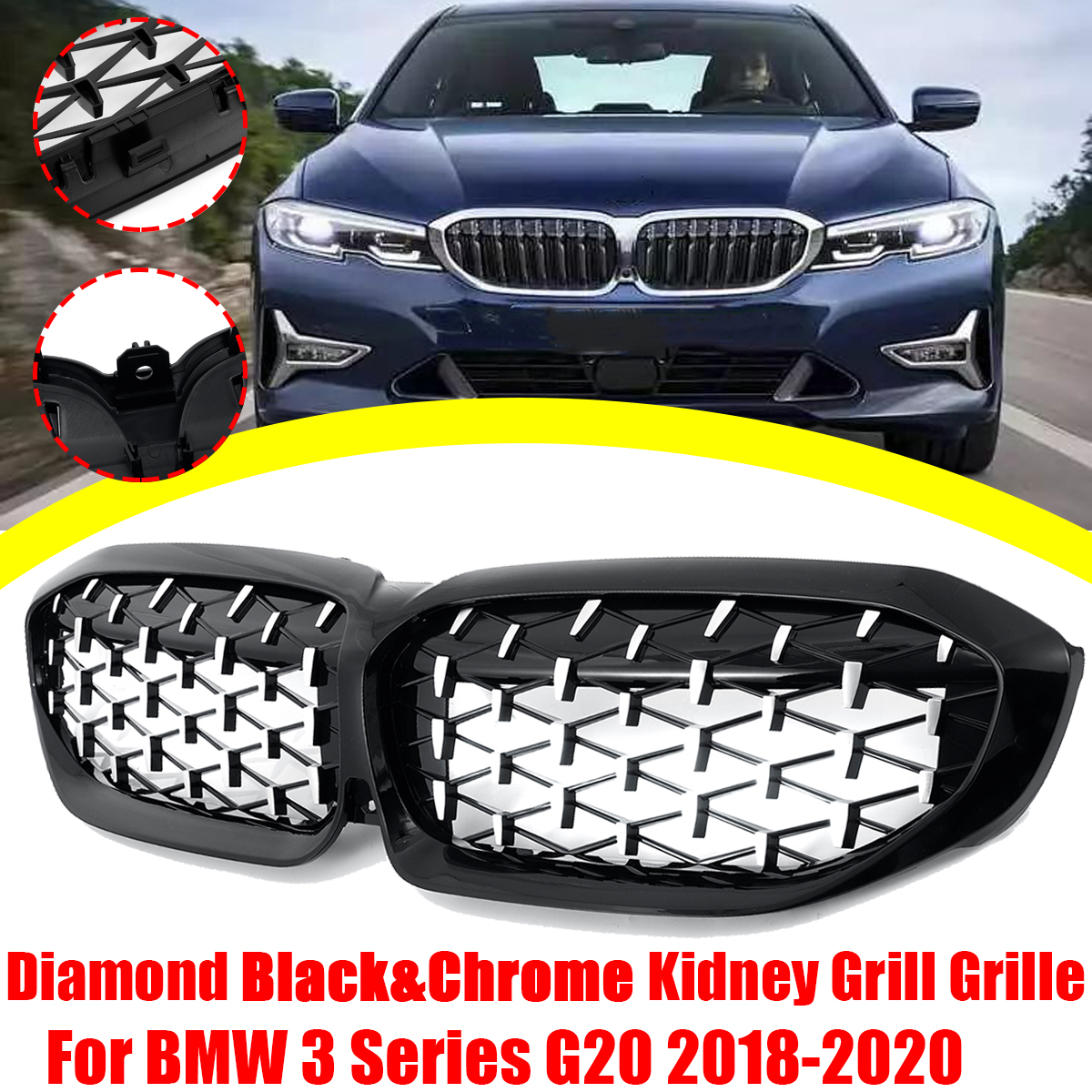 Diamond-Gloss-Black--Chrome-Kidney-Grill-Grille-For-BMW-3-Series-G20-2018-2020-1778836