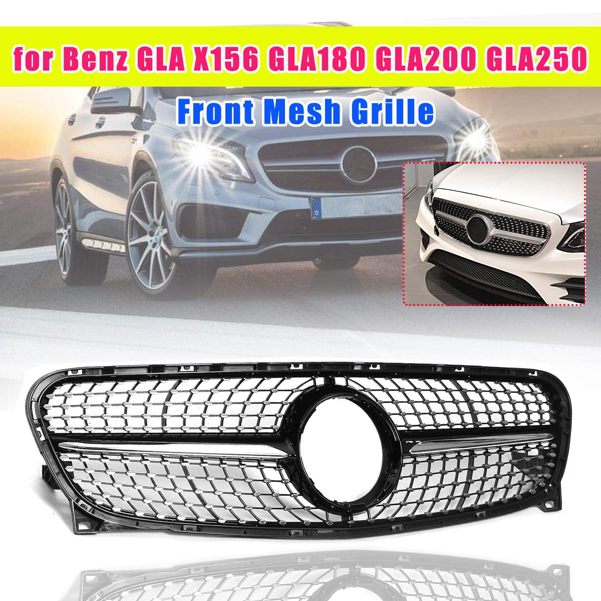 Diamond-Grille-ABS-Silver-For-Mercedes-Benz-GLA-X156-GLA180-GLA200-GLA250-2014-2016-1690238