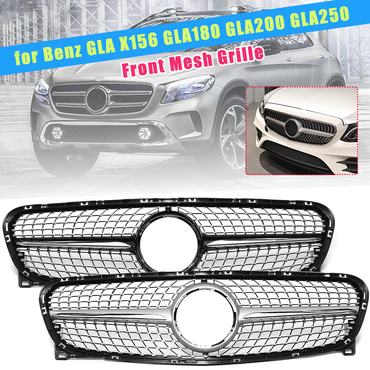 Diamond-Grille-ABS-Silver-For-Mercedes-Benz-GLA-X156-GLA180-GLA200-GLA250-2014-2016-1690238