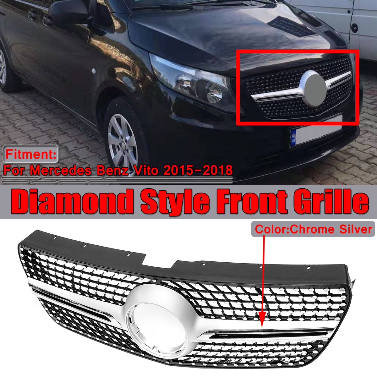 Diamond-Look-Front-Bumper-Grille-Grill-Silver-For-Mercedes-Benz-Vito-2015-2018-1510977