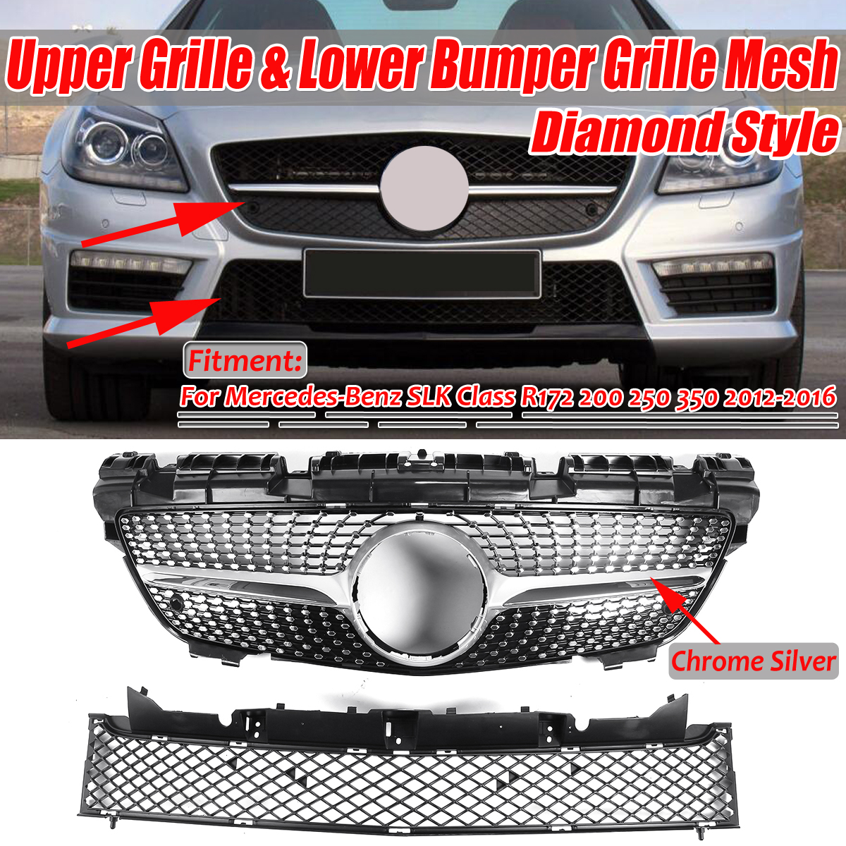 Diamond-Style-Front-Upper-Grill-Lower-Mesh-Grille-For-Benz-R172-SLK200-SLK300-1612499