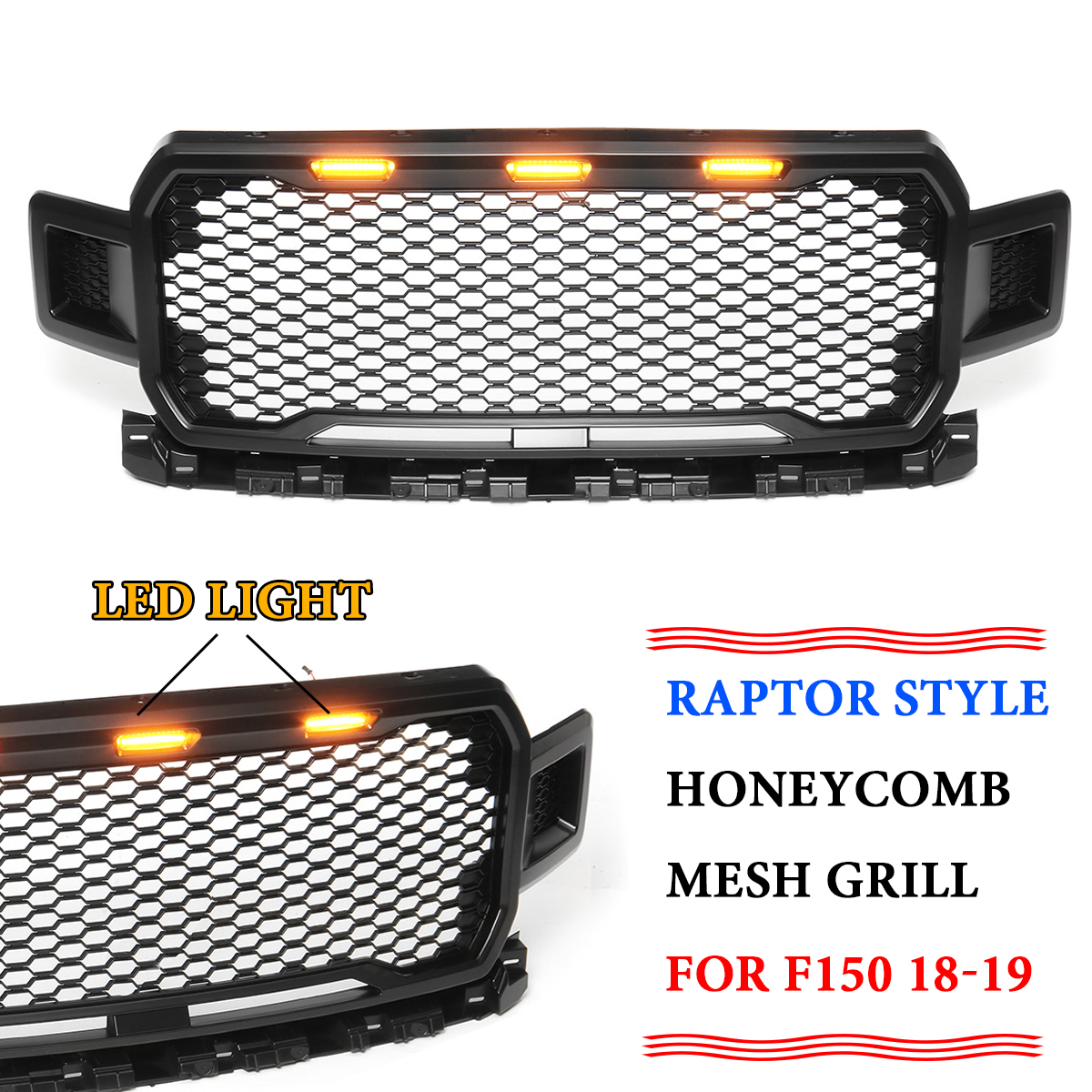 For-Ford-F150-2018-2019-Raptor-Style-Front-Grille-Grill-Black-Amber-LED-Lights-1489990