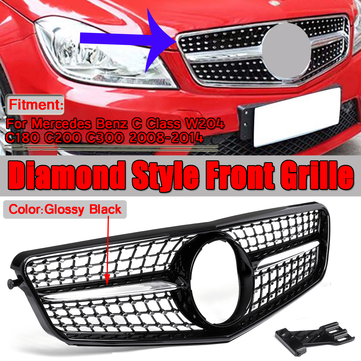 For-Mercedes-Benz-C-Class-W204-2008-2014-Front-Grille-Glossy-Black-Diamond-Style-1509215