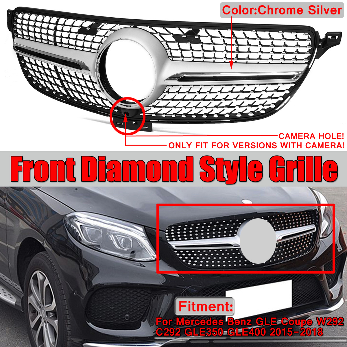 For-Mercedes-Benz-GLE-Coupe-W292-Silver-Front-Diamond-Grill-Grille-2015-2018-Chrome-1536172