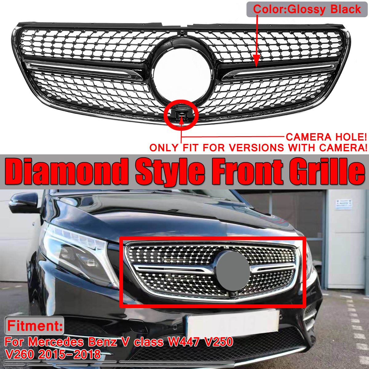 Front-Black-Racing-Diamond-Grill-Bumper-Grille-Cover-For-Mercedes-W447-V250-V260-15-18-1510976