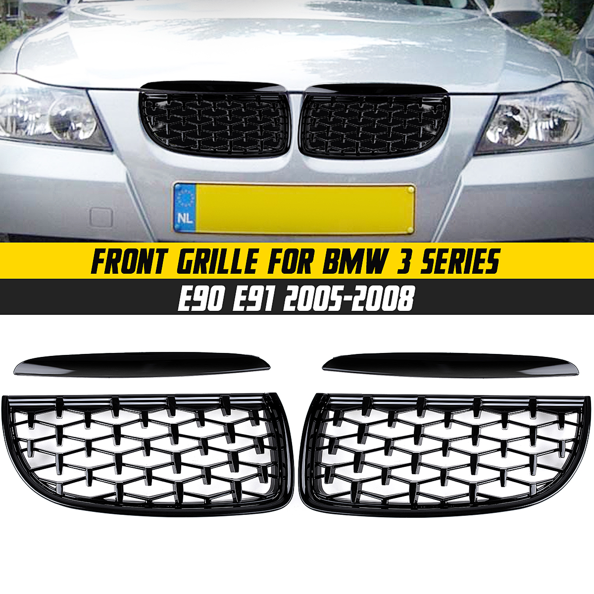 Front-Bumper-Hood-Grille-Eyelids-Dual-Slat-Diamond-Style-Glossy-Black-For-BMW-3-Series-E90-E91-05-08-1812792