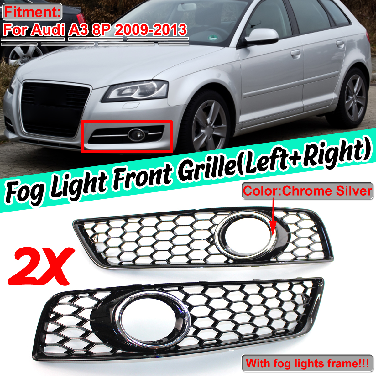 Front-Fog-Light-Lamp-Grille-Grill-Cover-Honeycomb-Chrome-Silver-For-Audi-A3-8P-2009-2013-1719672