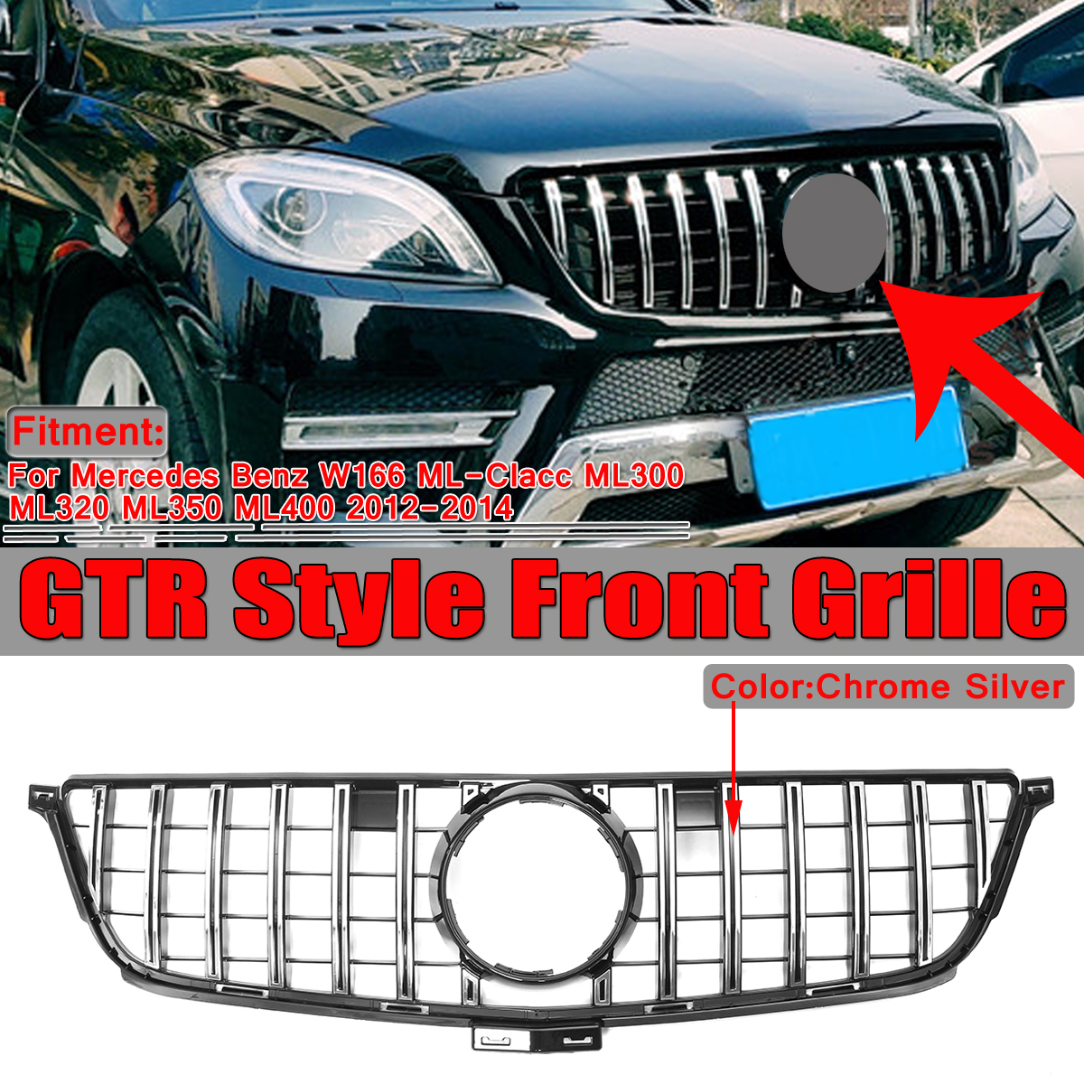 Front-Grille-GT-R-GTR-Grill-Silver-Vent-For-Mercedes-Benz-ML-W166-2012-2014-1583821