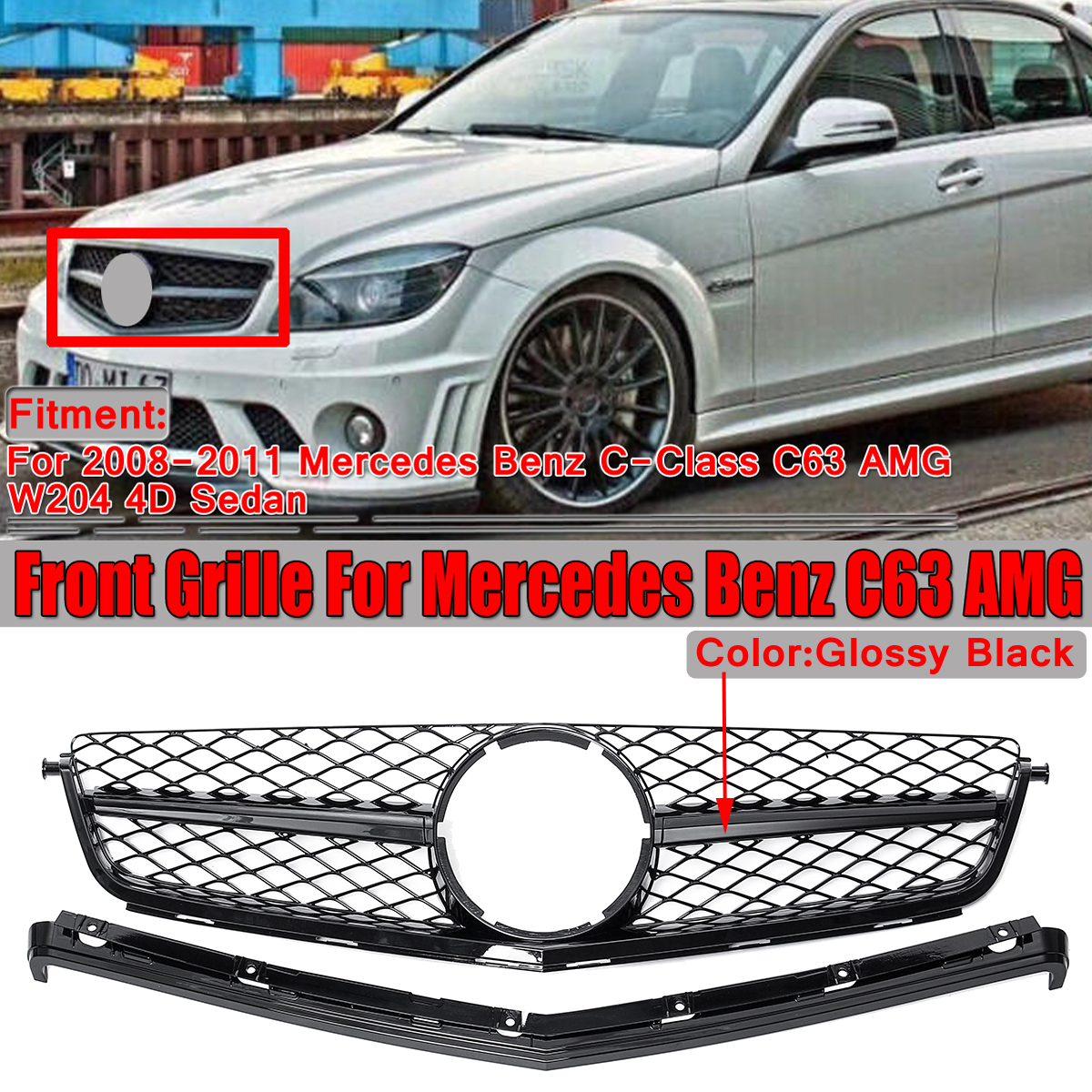 Front-Grille-Gloss-Black--Sliver-For-Mercedes-Benz-C-Class-C63-AMG--W204-Sedan-2008-2011-1536647