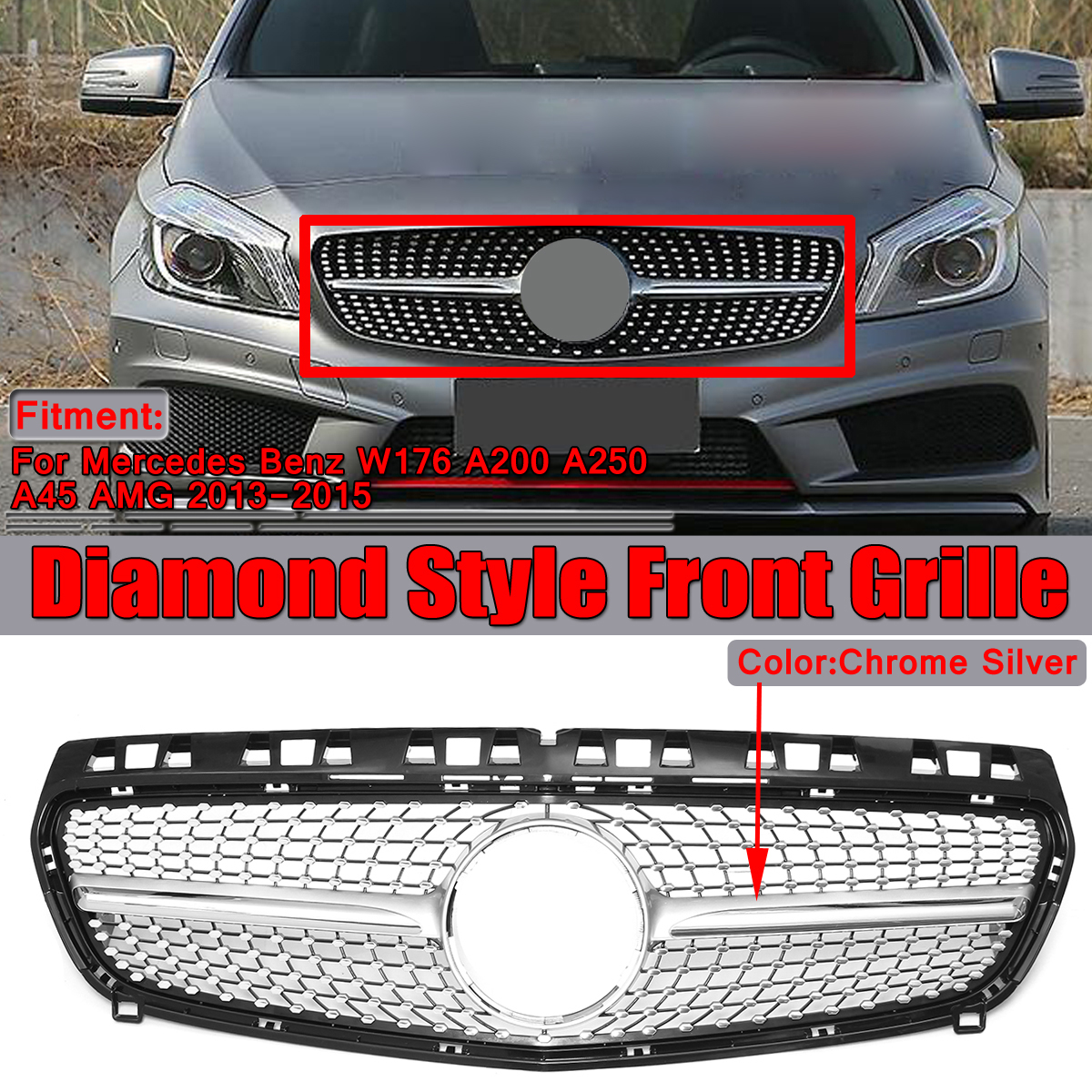 Front-Grille-Grill-For-Mercedes-Benz-W176-A-Class-Black-Diamond-Design-2013-15-1520825