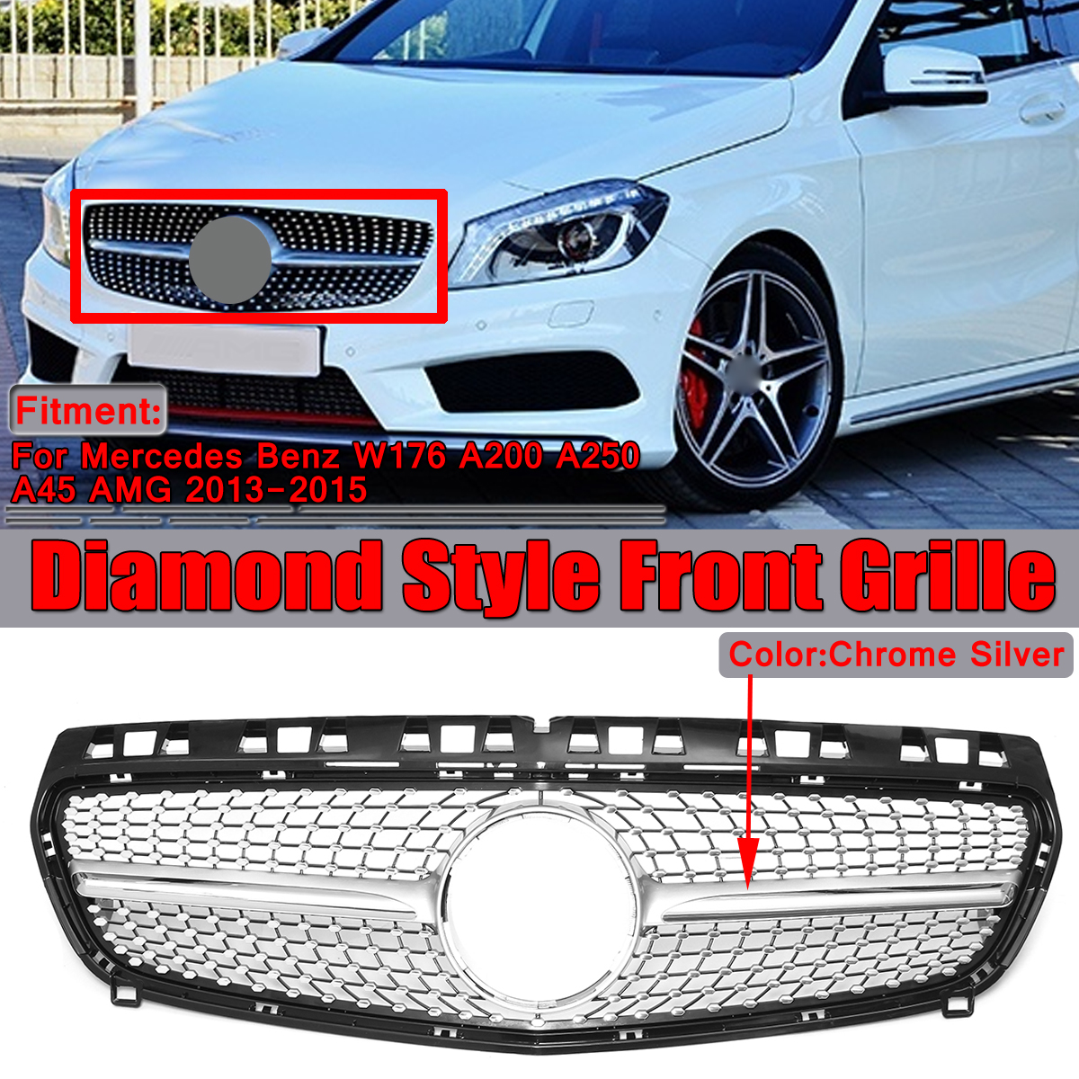 Front-Grille-Grill-For-Mercedes-Benz-W176-A-Class-Black-Diamond-Design-2013-15-1520825