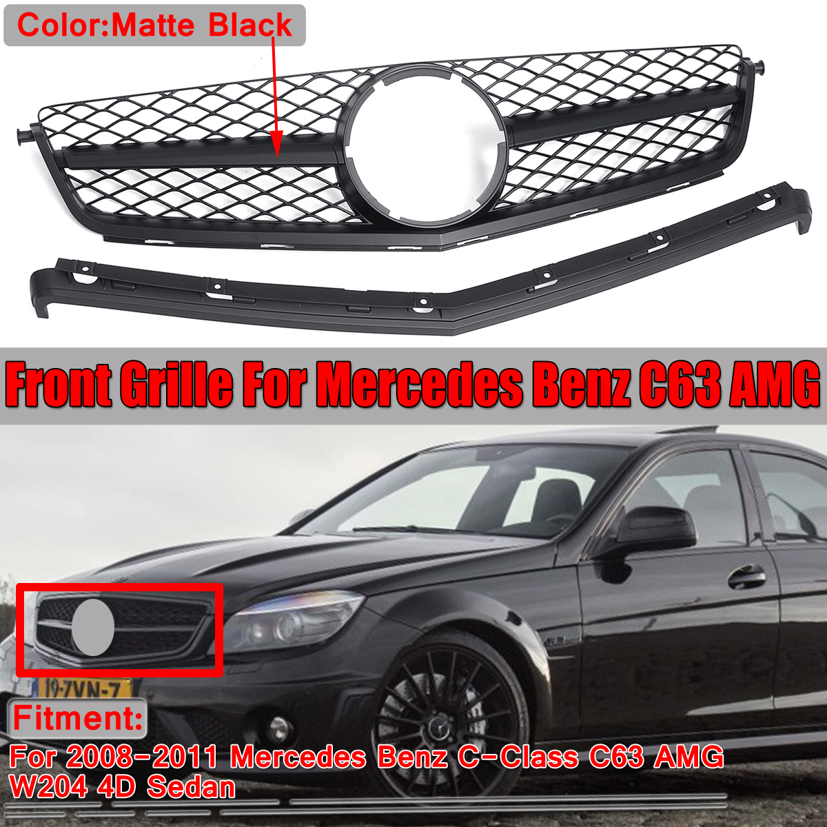 Front-Grille-Matte-Black-Only-Fit-For-M-Benz-C-Class-W204--C63AMG-2008-2011-1528351