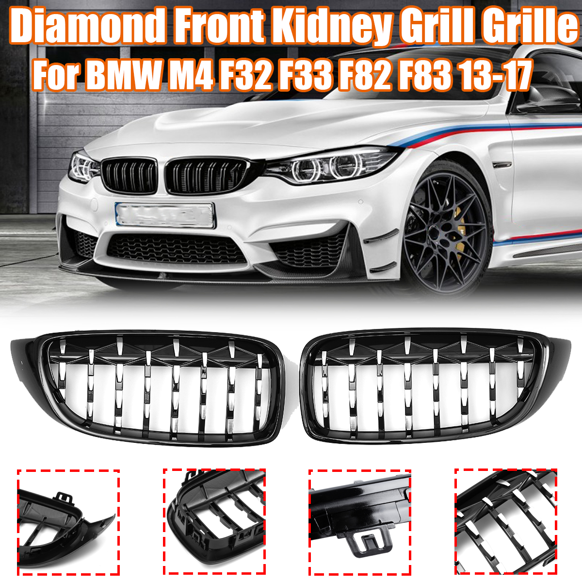 Front-Kidney-Grill-Grille-Diamond-BlackChrome-For-BMW-M4-F32-F33-F82-F83-1778835