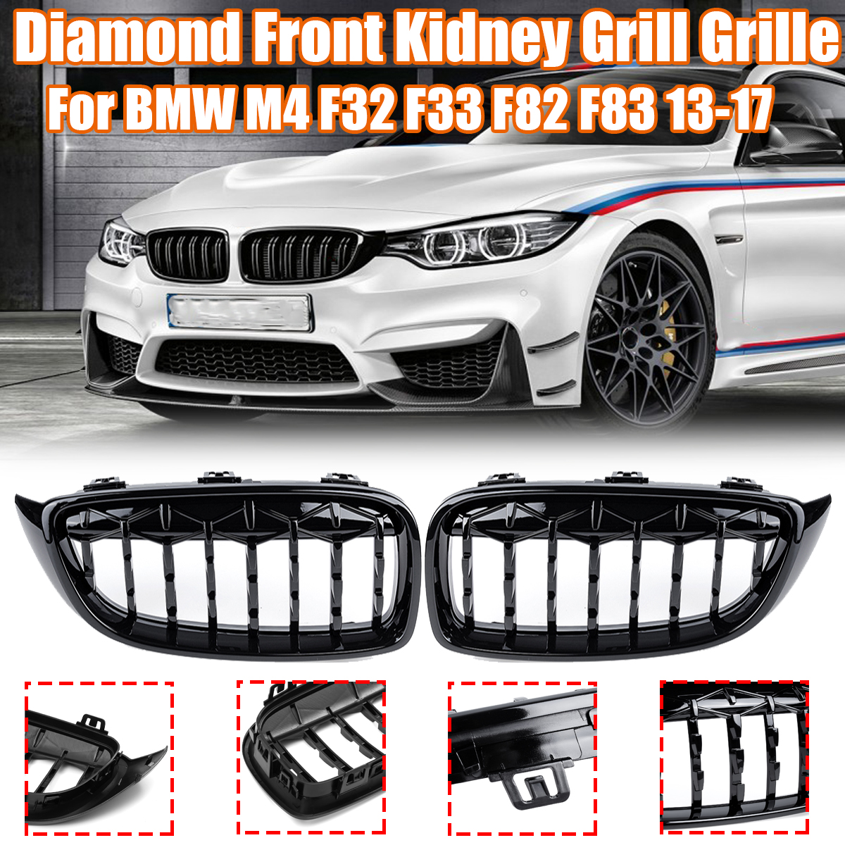 Front-Kidney-Grill-Grille-Diamond-Mesh-Black-For-BMW-M4-F32-F33-F82-F83-1778834