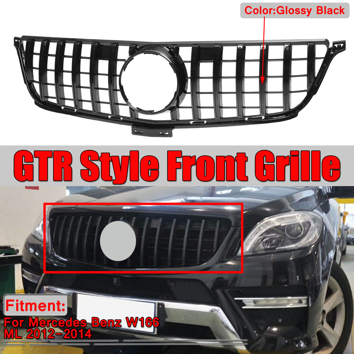 GTR-Diamond-Style-Glossy-Black-Front-Grill-Grille-For-Mercedes-Benz-W166-ML-ML300-ML320-ML350-ML400--1691767