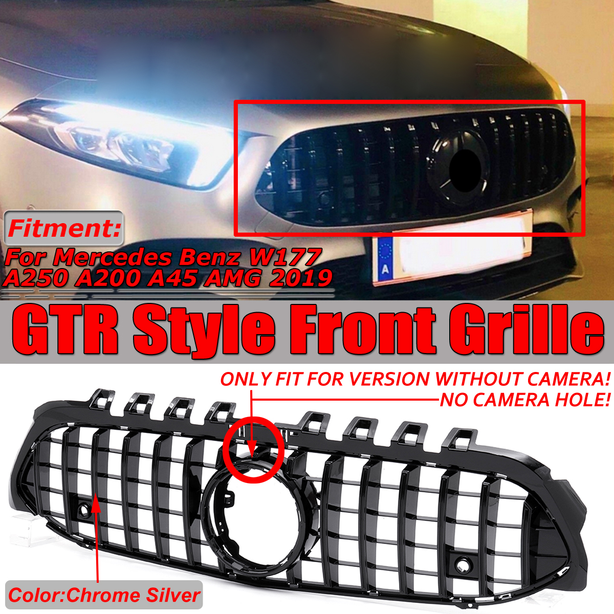 GTR-Style-Glossy-Black-Front-Grill-Grille-For-Mercedes-Benz-W177-A250-A200-A45-AMG-2019-Without-Came-1720881