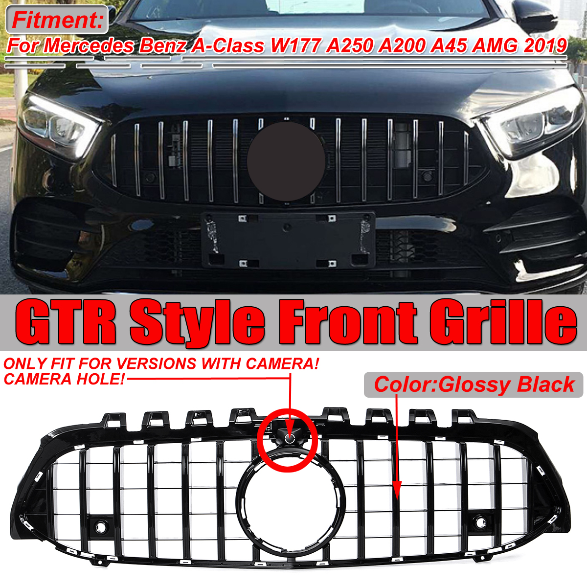 GTR-Style-Glossy-Black-Front-Grille-Grill-with-Camera-For-Mercedes-A-Class-W177-A250-A200-A45-AMG-20-1698190