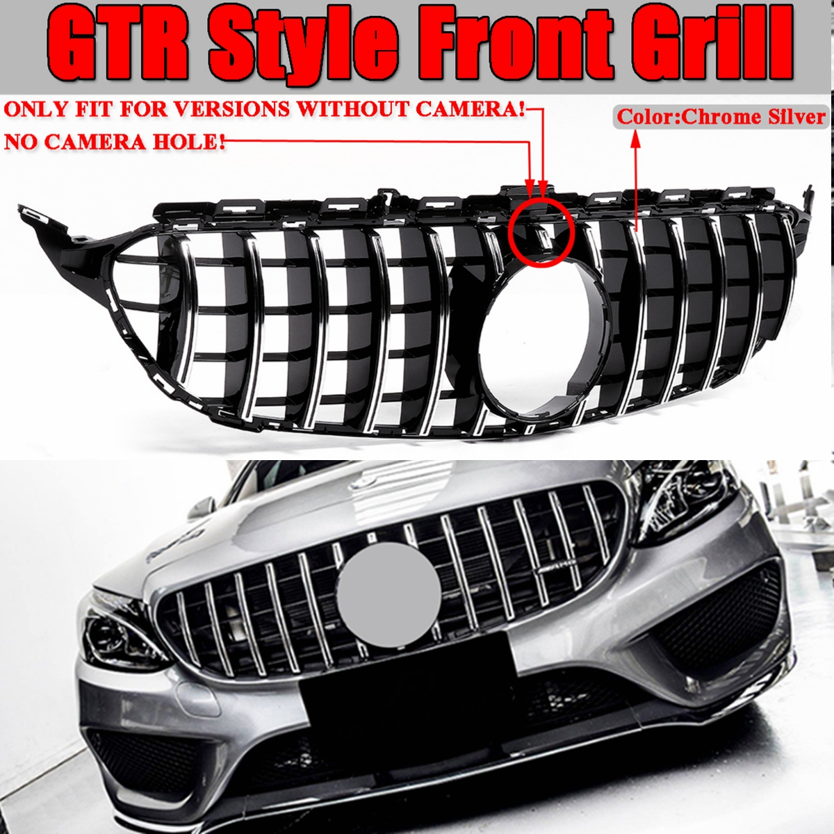 GTR-Upper-Grille-Grey-For-Mercedes-Benz-w205-AMG-Look-C200-C250-C300-C350-Silver-2015-2018-1559107