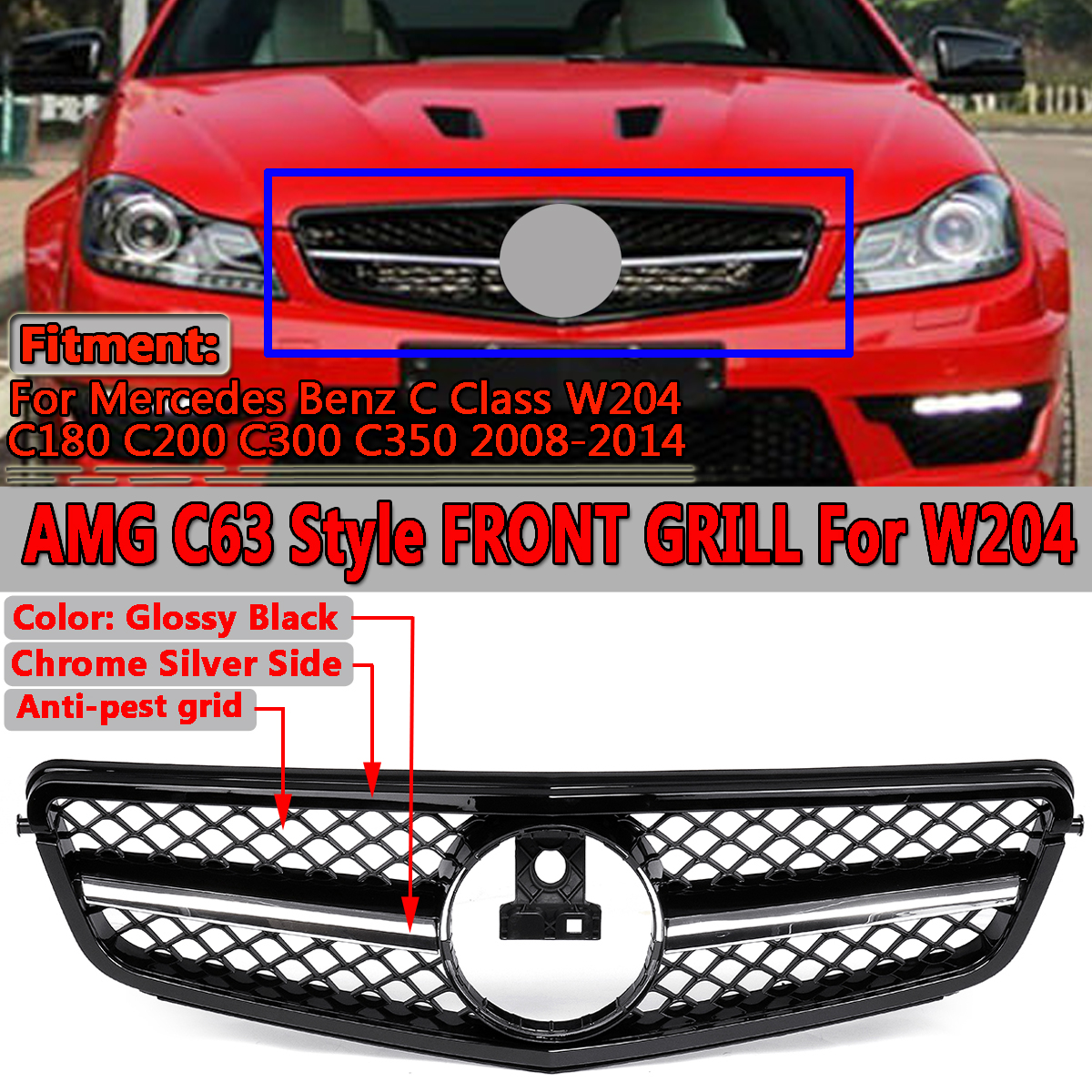 Glossy-Black-C63-AMG-Style-Front-Upper-Grille-Grill-For-Mercedes-Benz-C-Class-W204-C180-C200-C300-C3-1423690