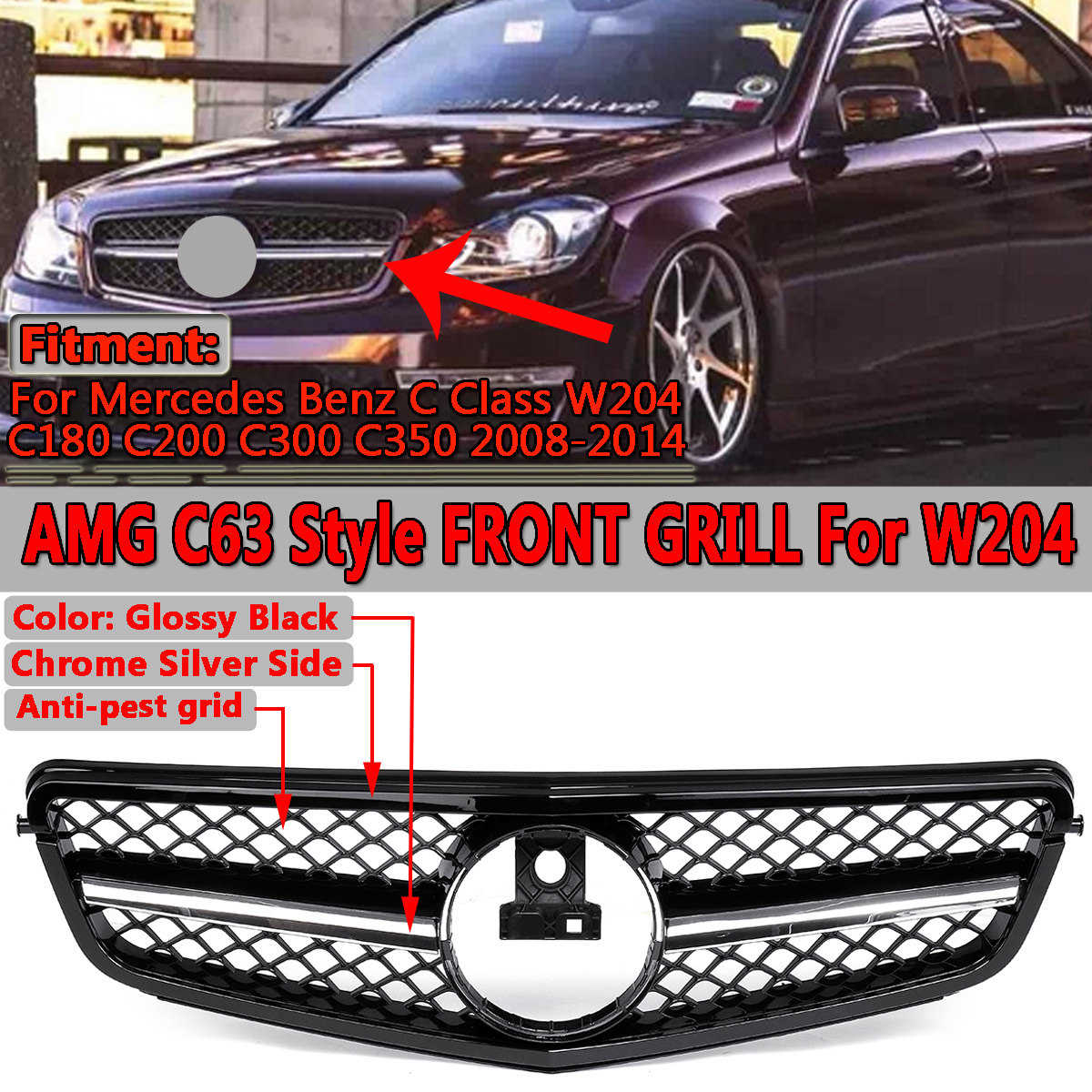 Glossy-Black-C63-AMG-Style-Front-Upper-Grille-Grill-For-Mercedes-Benz-C-Class-W204-C180-C200-C300-C3-1423690