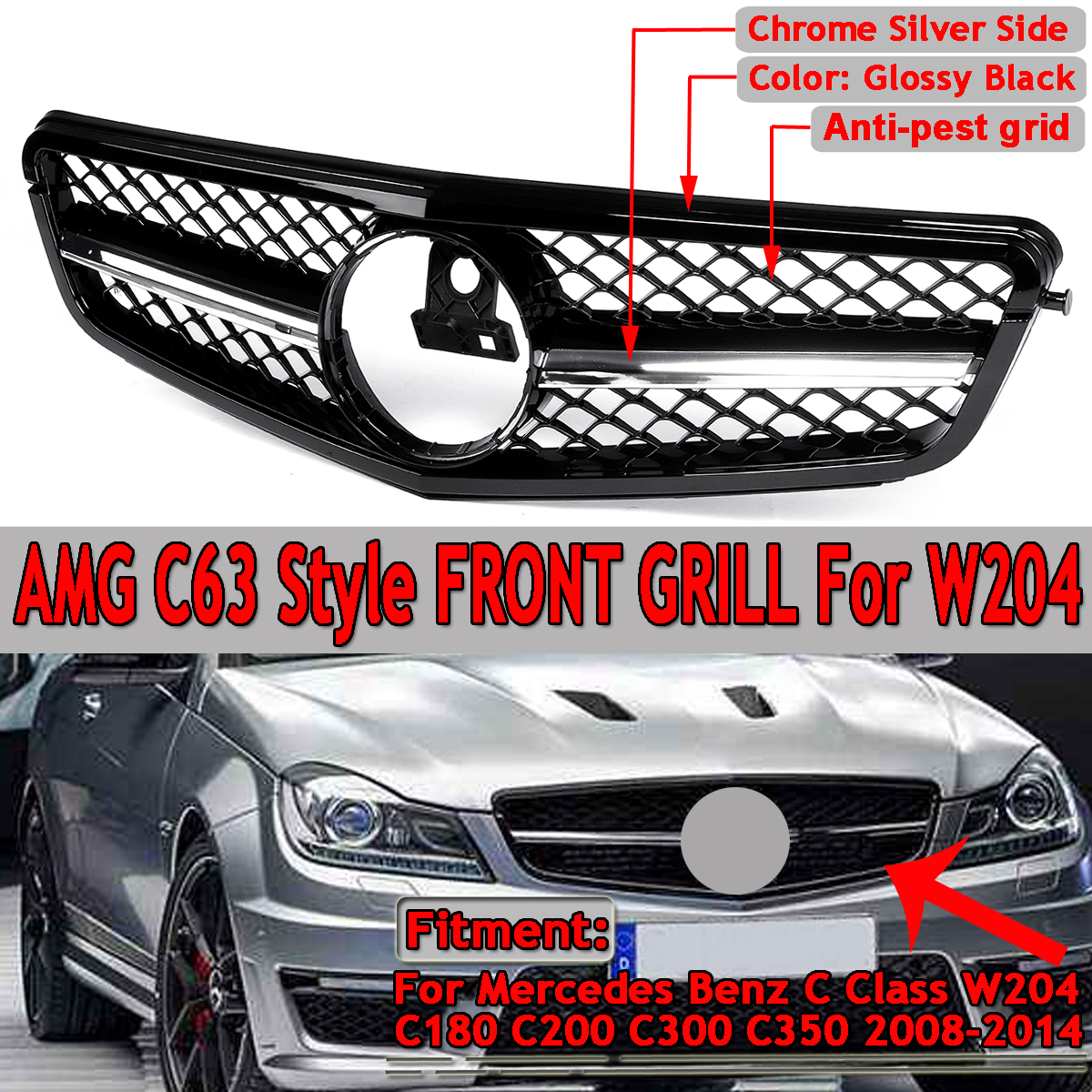Glossy-Black-C63-AMG-Style-Front-Upper-Grille-Grill-For-Mercedes-Benz-C-Class-W204-C180-C200-C300-C3-1423690