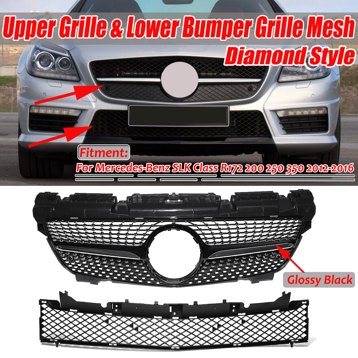 Glossy-Black-Diamond-Style-Front-Grill-Grille-For-Mercedes-Benz-SLK-Class-R172-200-250-350-2012-2016-1680956