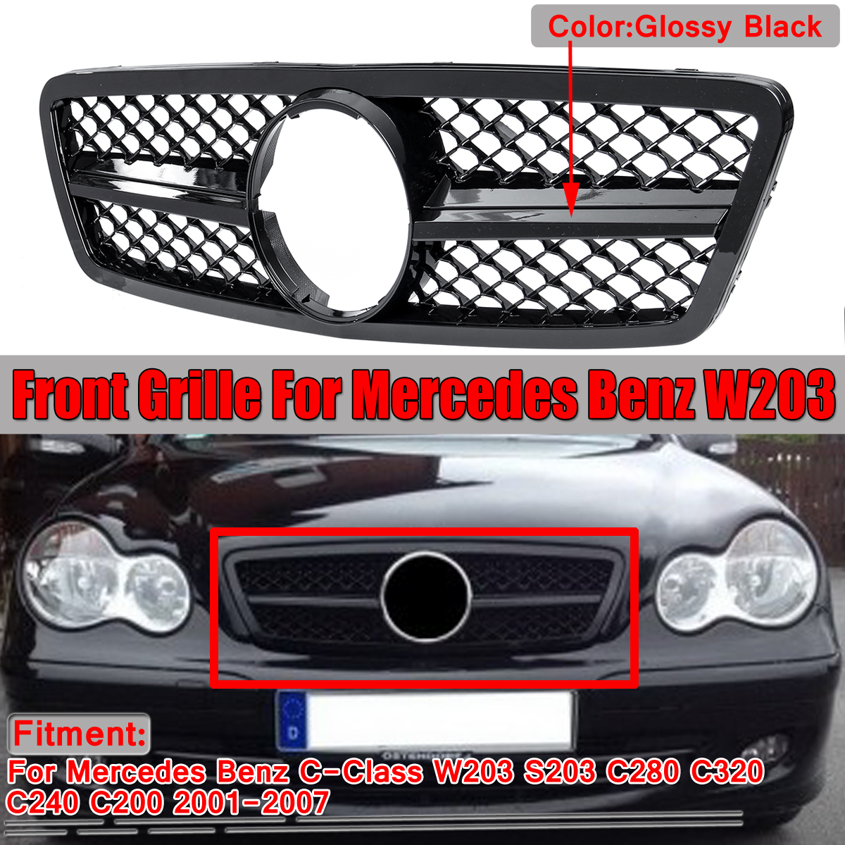 Glossy-Black-Front-Grille-Grill-AMG-Style-For-Mercedes-Benz-C-Class-W203-S203-C280-C320-C240-C200-20-1727183