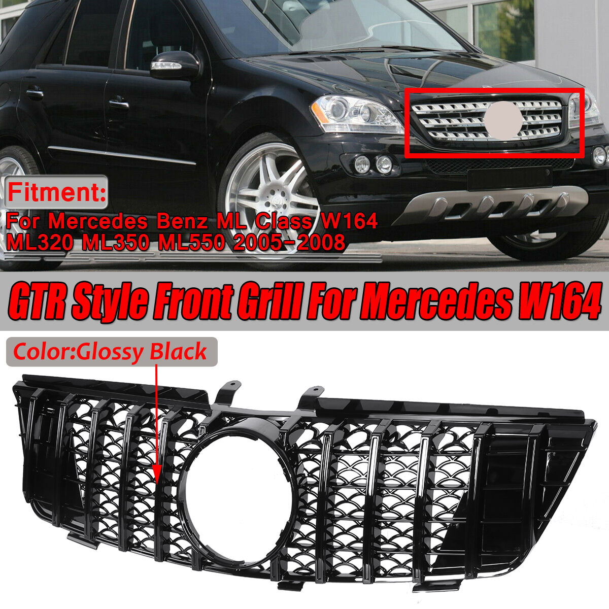 Glossy-Black-GTR-Style-Front-Grill-Grille-For-Mercedes-Benz-ML-Class-W164-ML320-ML350-ML550-2005-200-1694932