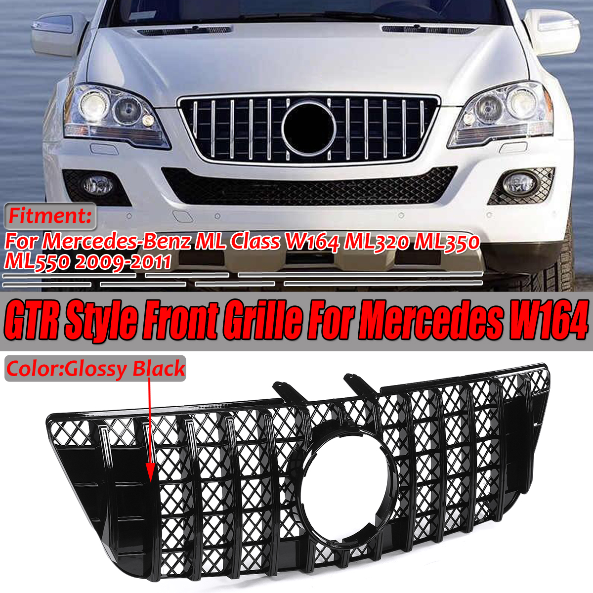 Glossy-Black-GTR-Style-Front-Grill-Grille-For-Mercedes-ML-Class-W164-ML320-ML350-ML550-2009-2011-1694931