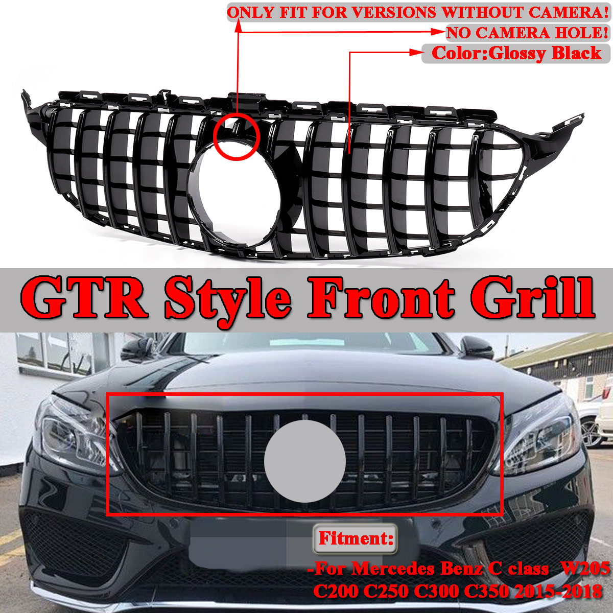 Glossy-Black-Upper-Grille-For-2015-2018-Mercedes-Benz-w205-C200-C250-C300-C350-GTR-Without-Camera-1680963