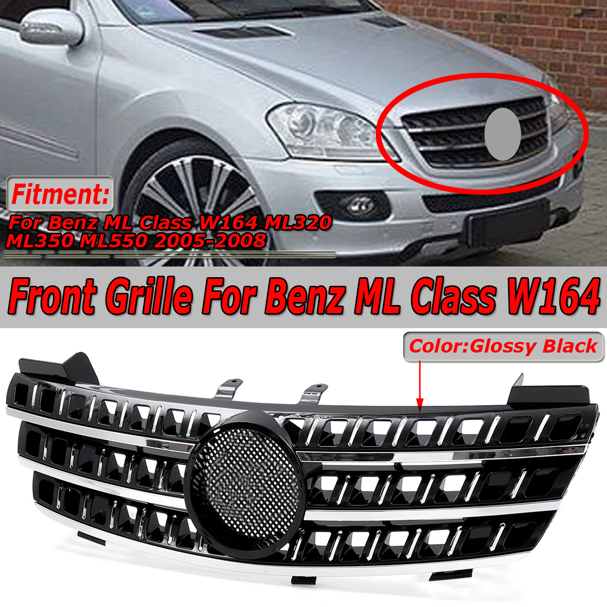 Glossy-Front-Hood-Grill-Grille-For-Mercedes-Benz-ML-Class-W164-ML320-ML350-ML550-2005-2008-1544912