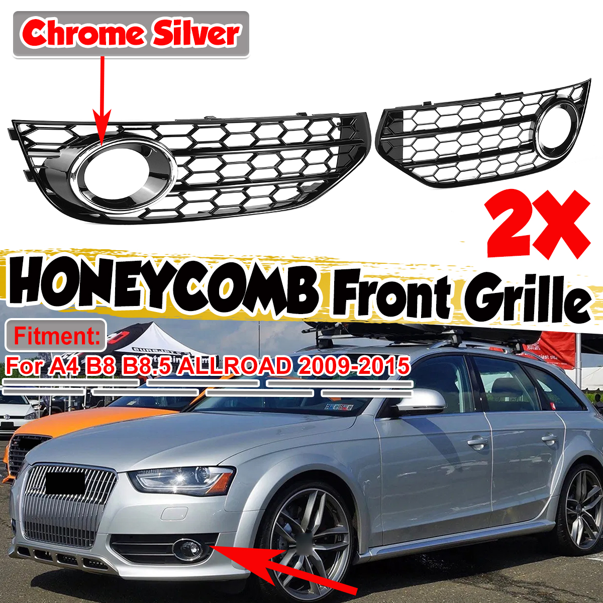 HONEYCOMB-HEX-Front-Grille-Grill-Chrome-Silver-Fog-Light-Lamp-Cover-For-A4-B8-B85-ALLROAD-2009-2015-1800660