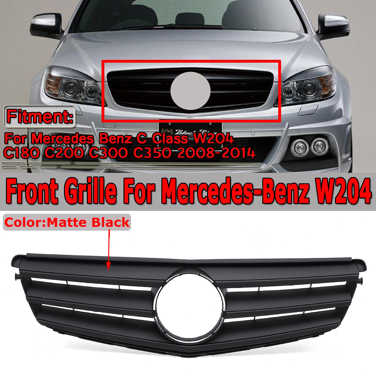 Matte-Black-Front-Grille-Grill-For-Mercedes-Benz-C-Class-W204-C180-C200-C300-C350-2008-2014-1423693