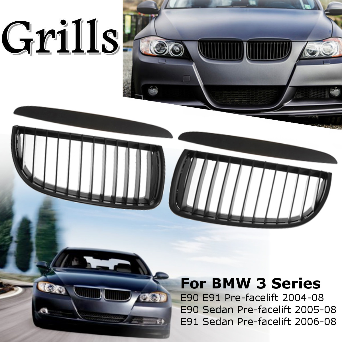 Matte-Black-Front-Kidney-Grilles-Grill-with-Upper-Hood-Eyelids-for-BMW-E90-E91-3-Series-Sedan-2004-2-49314