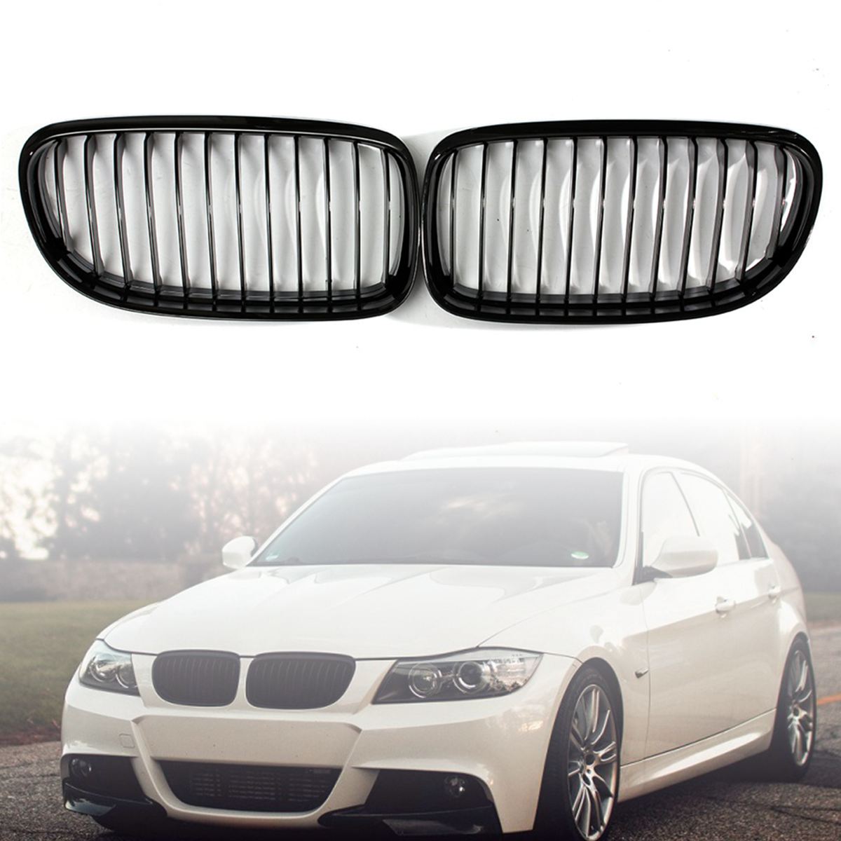 Pair-ABS-Gloss-Black-Baking-Varnish-Front-Car-Grille-For-BMW-E90-09-12-1376376