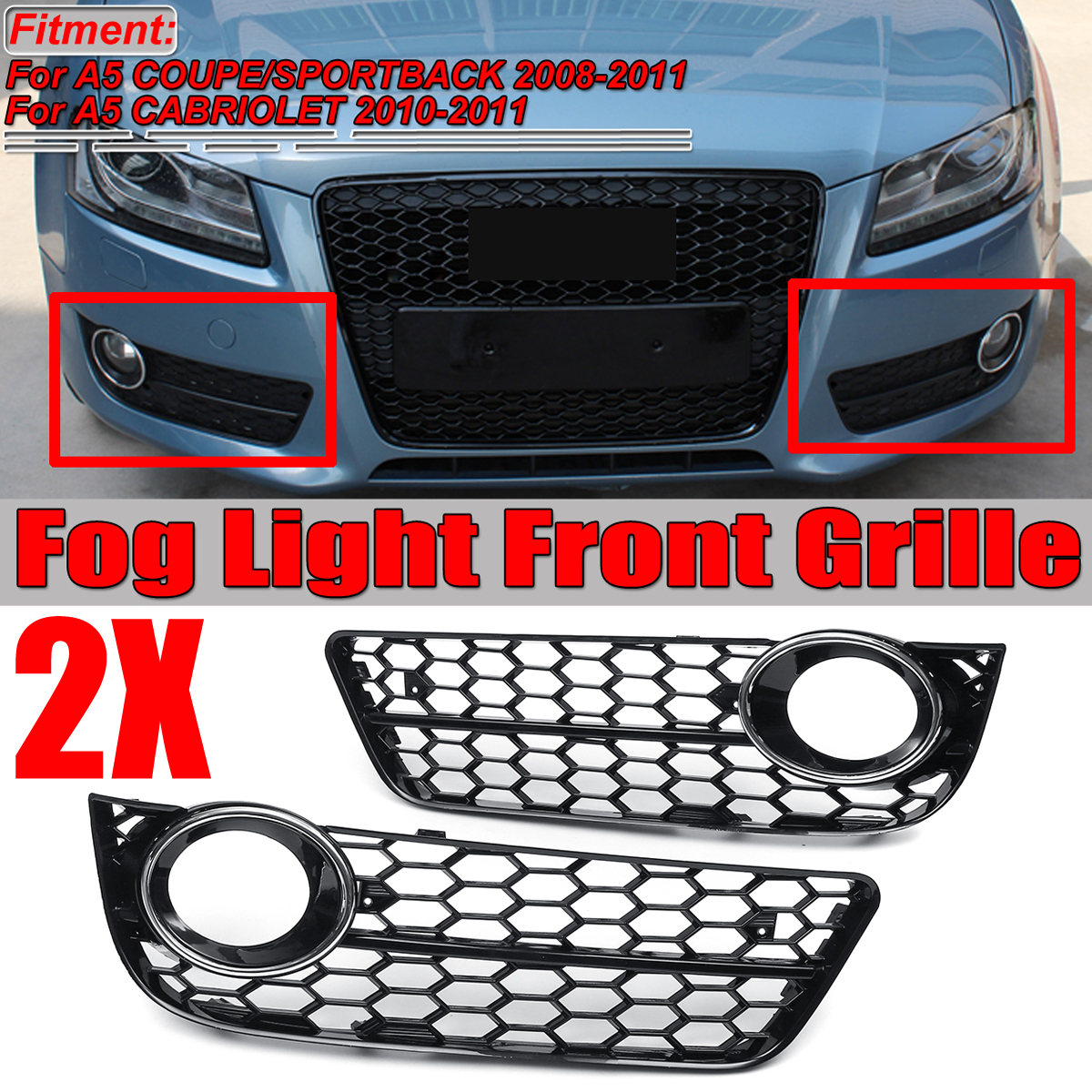 Pair-Front-Bumper-Fog-Light-Lamp-Grille-Grill-Cover-Honeycomb-HEX-Chrome-Silver-For-Audi-A5-2008-201-1561545