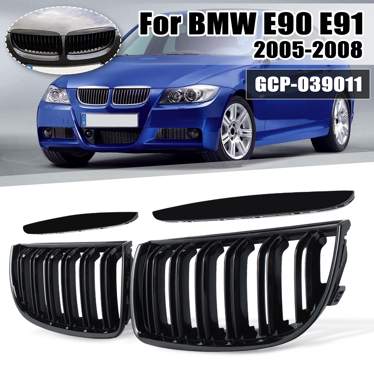 Pair-Gloss-Black-Double-Slat-Sport-Kidney-Grille-Grill-Set-For-BMW-E90-E91-2005-2008-1362824