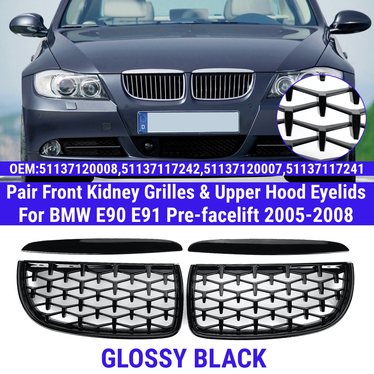 Pair-Glossy-Black-Front-Kidney-Grilles-Upper-Hood-Eyelids-Diamond-Style-For-BMW-3-Series-E90-E91-200-1793163
